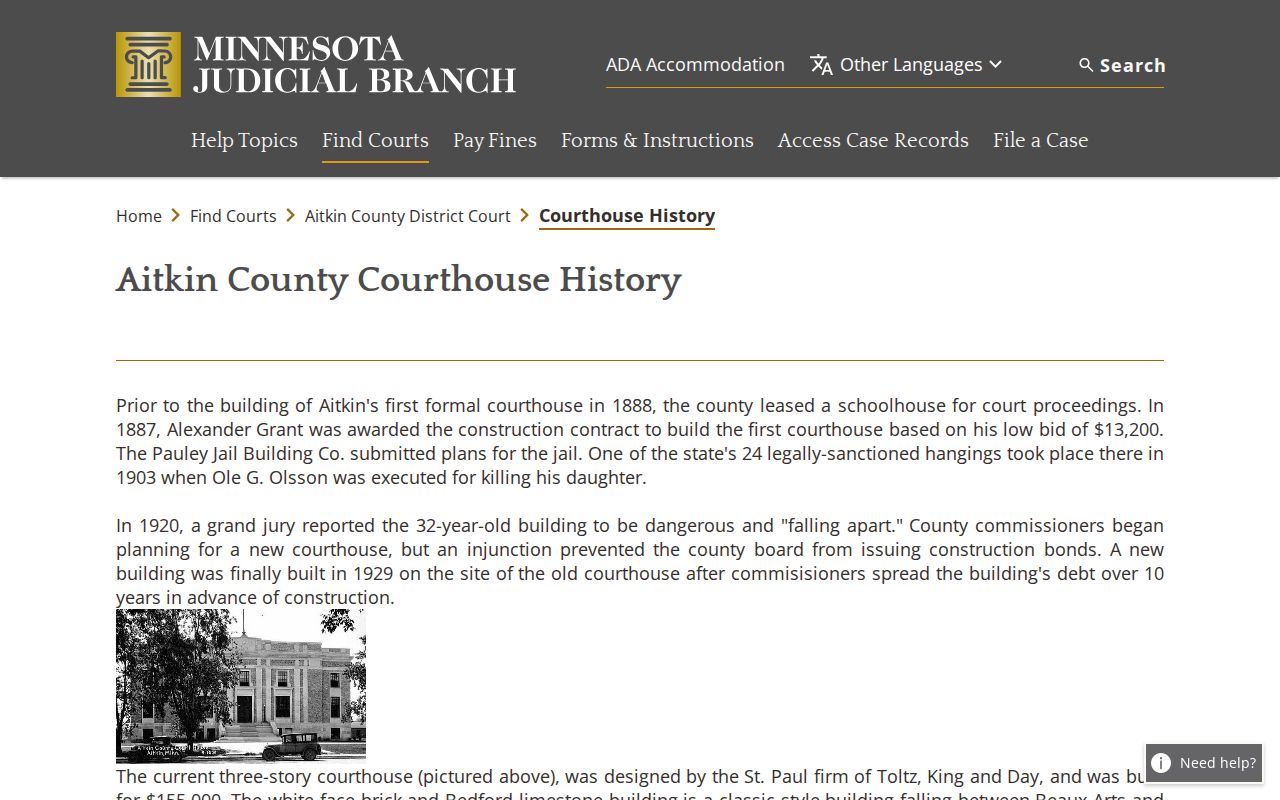 Aitkin County court docket source showing Aitkin County courthouse history
