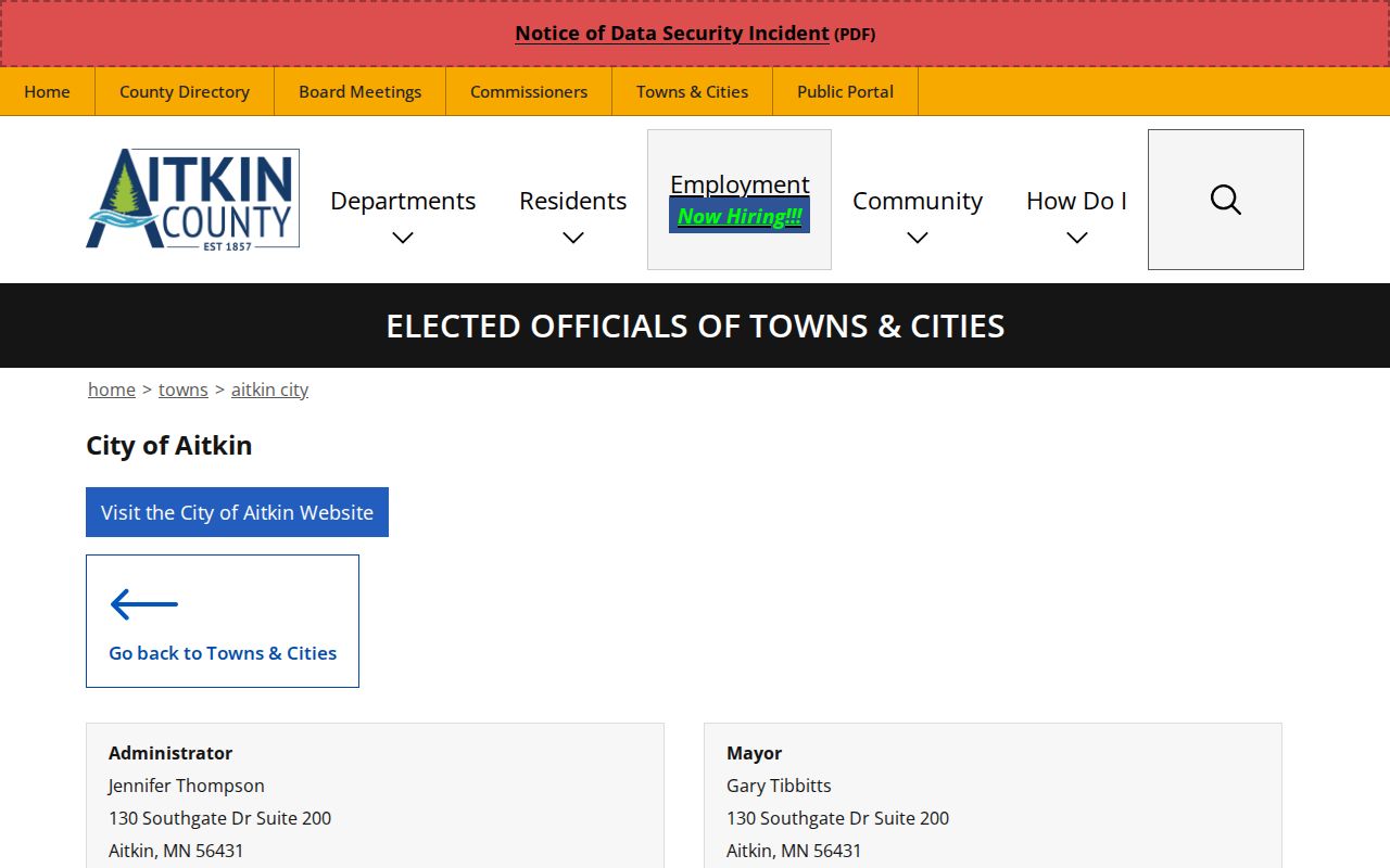 Aitkin County court docket source showing City of Aitkin officials