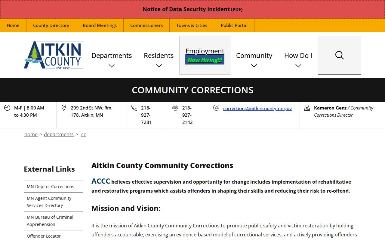 Aitkin County criminal docket related Community Corrections official page