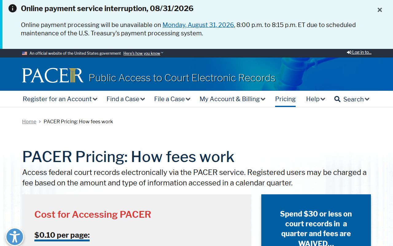 Aitkin County court records PACER federal access pricing page