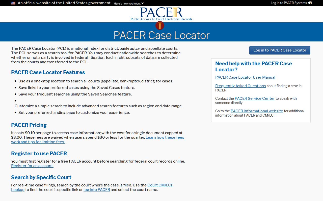 Aitkin County case search PACER Case Locator federal search screen