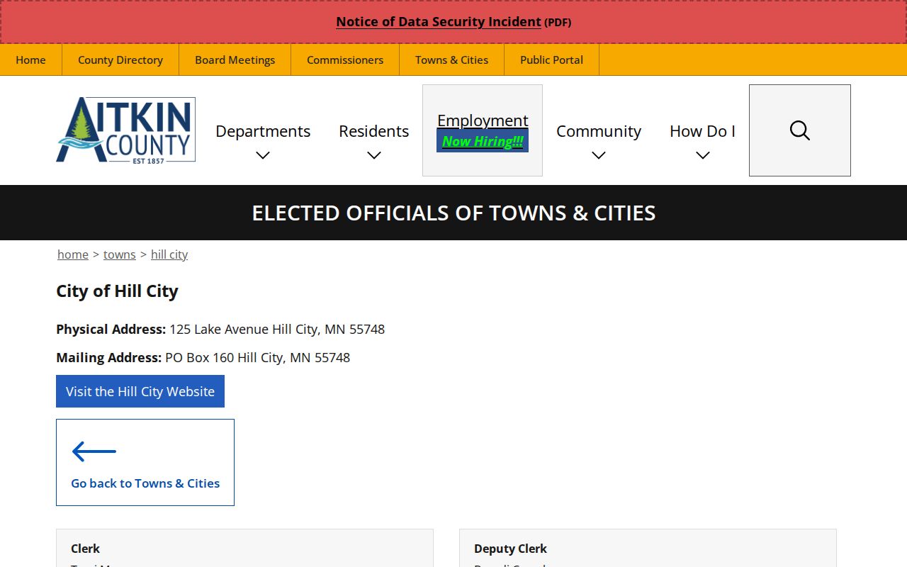 Aitkin County Hill City court docket source showing Hill City officials