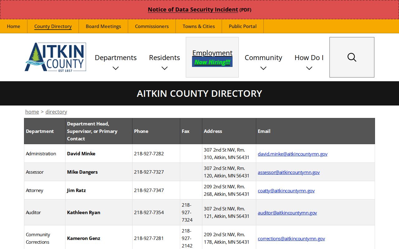 Aitkin County court docket Court Administration directory