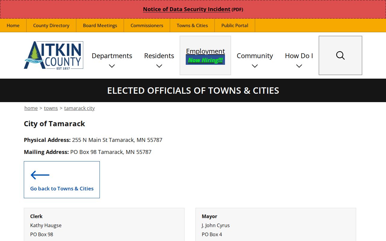 Aitkin County Tamarack court docket source showing City of Tamarack officials