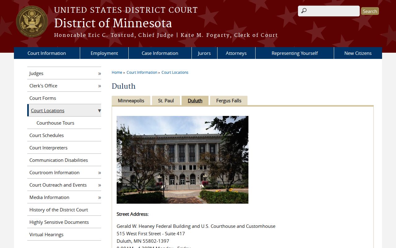 Aitkin County Tamarack court docket source showing District of Minnesota Duluth court